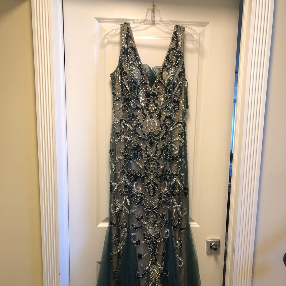 Jovani Green Embellished Sleeveless Prom Gown